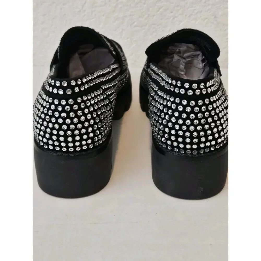 New Tory Burch Chunky Loafer Mini Everly Black Suede Crystals Lug Sole Size 7M